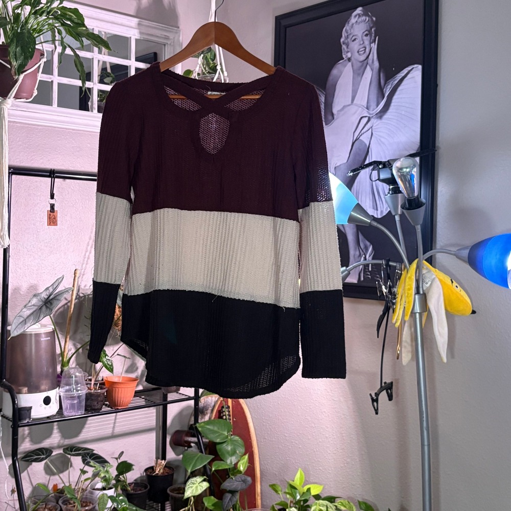 Color Block Top Waffle Knit Burgundy White Black Cut Out Long Sleeve